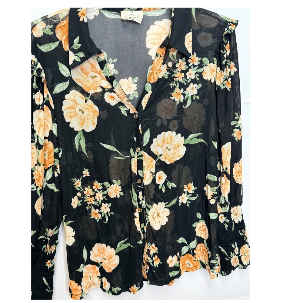 Ember Floral Mesh Blouse XL Black Orange Smocked Cuff Boho Whimsigoth Office Y2K - Picture 6 of 11